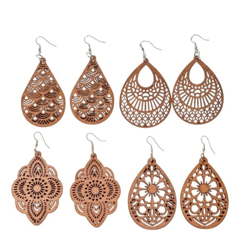 Set of 4 Pair Wooden Boho Earrings Hippie Festival NEW